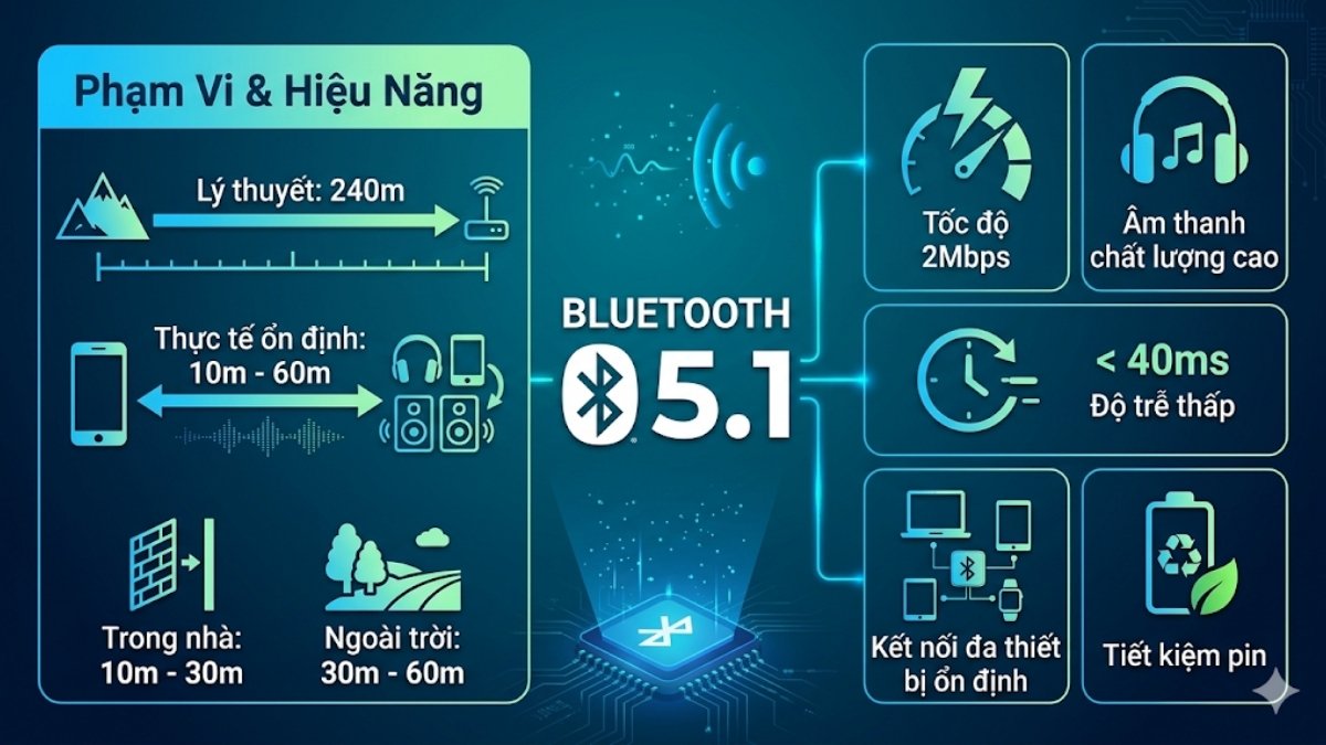 Bluetooth 5.1 kế thừa phạm vi lý thuyết lên đến 240 mét