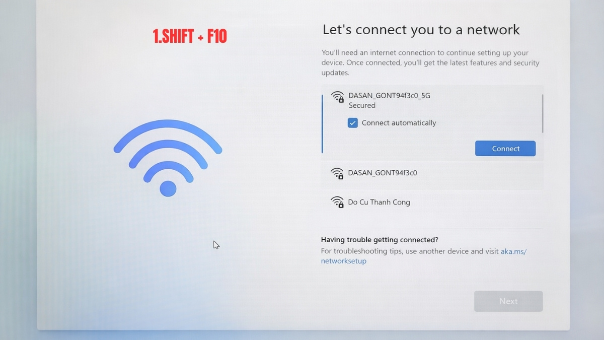 Bỏ qua đăng nhập Win 11 khi cài đặt khi có kết nối Internet bước 1