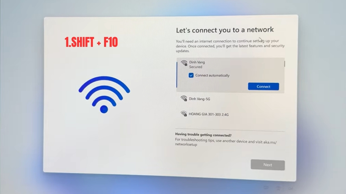 Bỏ qua đăng nhập Win 11 khi cài đặt khi không có kết nối Internet với câu lênh OOBE/BYPASSNRO bước 1
