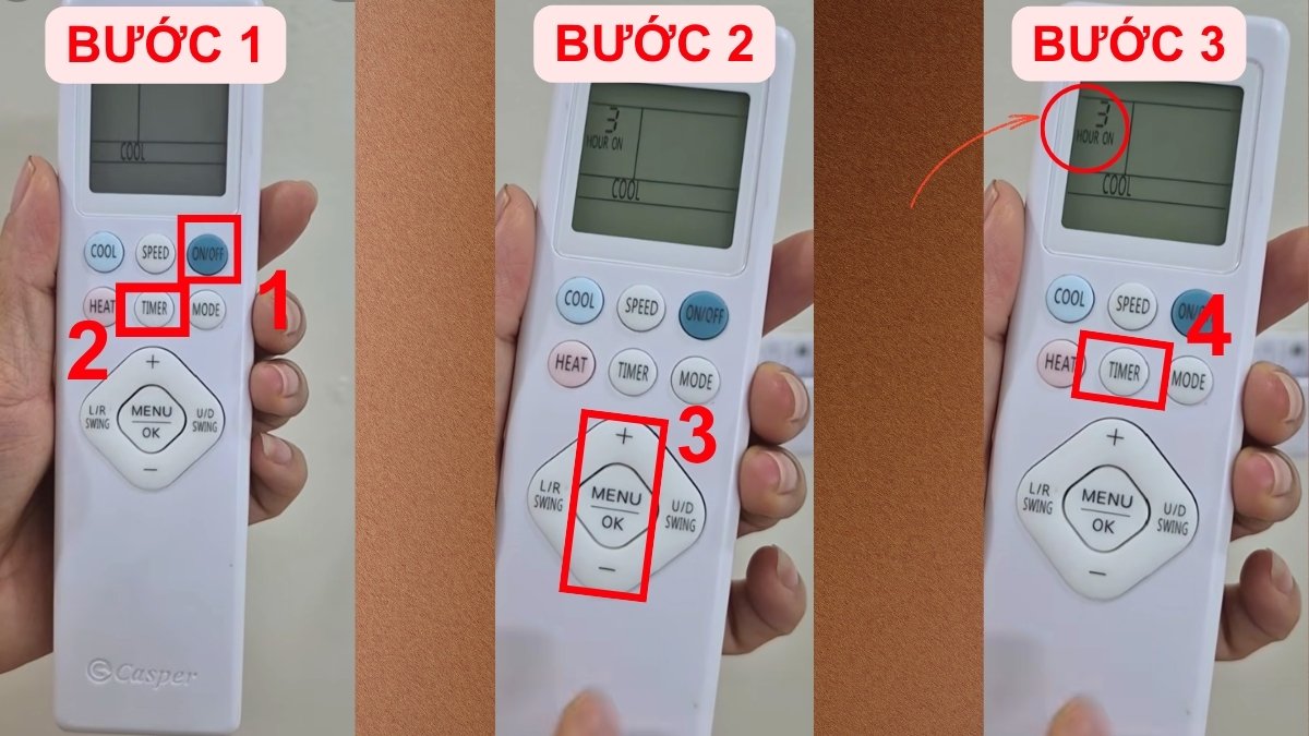 Thao tác hẹn giờ bật cho điều hòa Casper