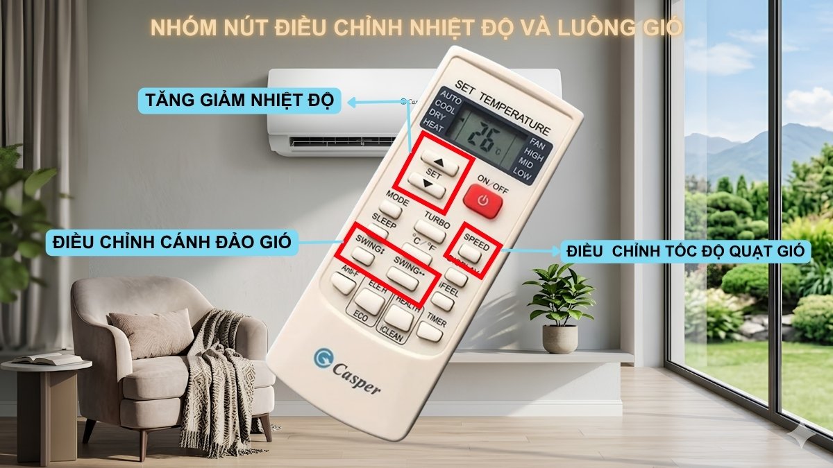 Các nhóm nút điều chỉnh nhiệt độ và luồng gió