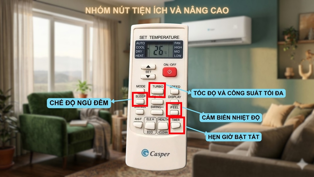 Các nhóm nút tiện ích nâng cao trên điều khiển điều hòa Casper