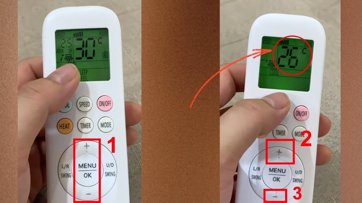 Điều chỉnh nhiệt độ với hai phím dấu cộng (hoặc mũi tên lên) lên hoặc dấu trừ