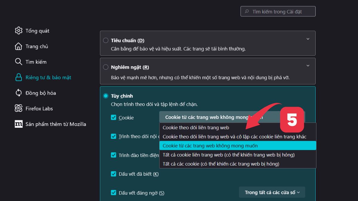 Cách bật Cookie trên trình duyệt Firefox bước 3