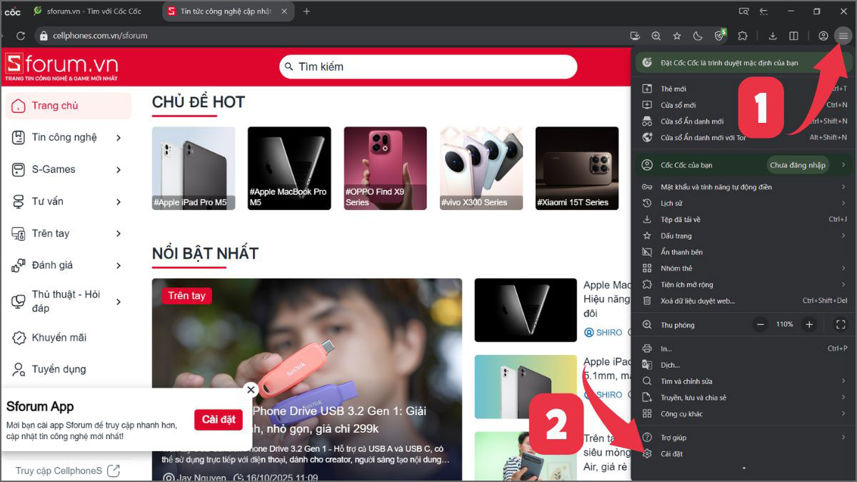 Cách bật Cookie trên trình duyệt Cốc Cốc bước 1