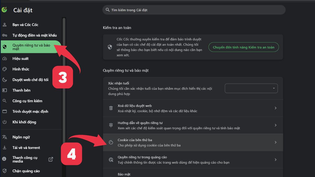 Cách bật Cookie trên trình duyệt Cốc Cốc bước 2