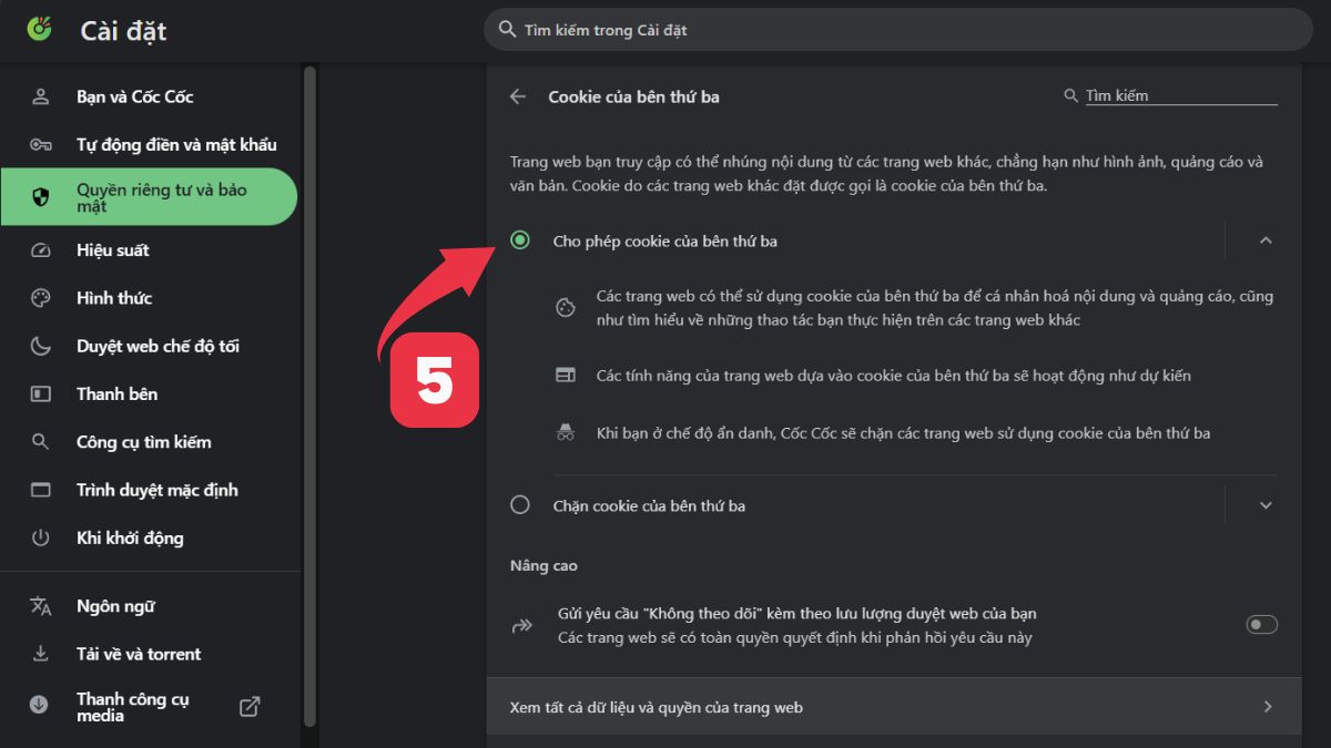 Cách bật Cookie trên trình duyệt Cốc Cốc bước 3