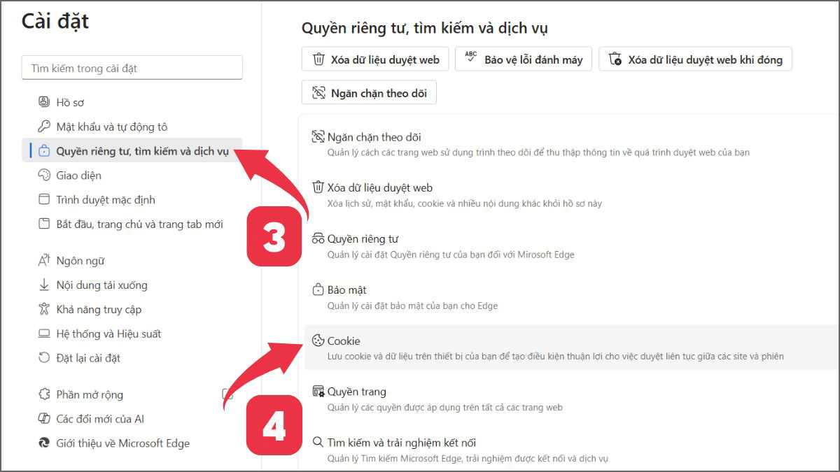 Cách bật Cookie trên trình duyệt Microsoft Edge bước 2