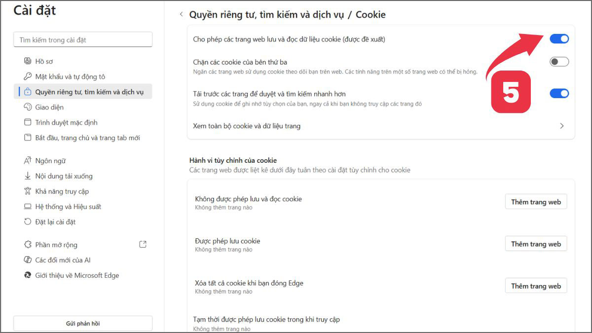 Cách bật Cookie trên trình duyệt Microsoft Edge bước 3