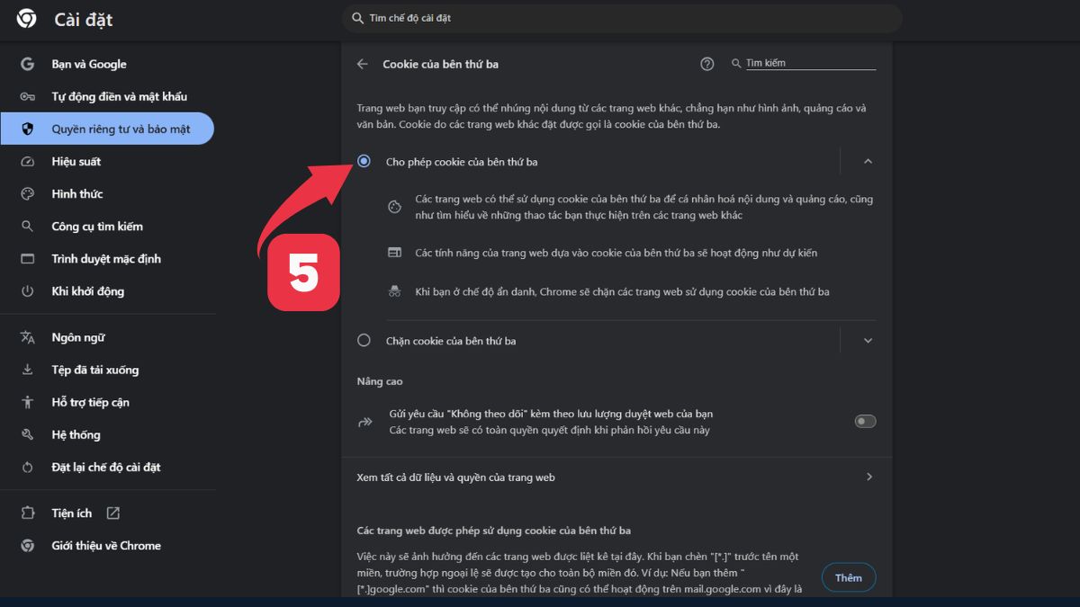 Cách bật Cookie trình duyệt Google Chrome trên máy tính bước 3