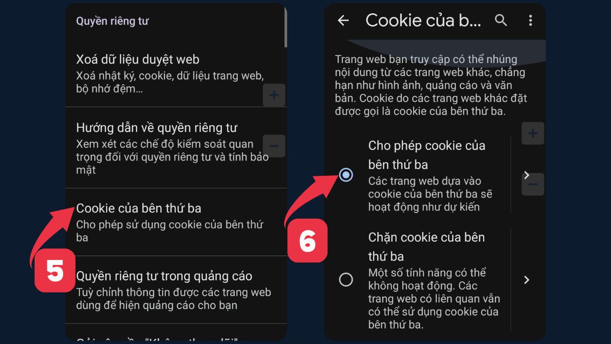 Cách bật Cookie trình duyệt Google Chrome trên điện thoại bước 3