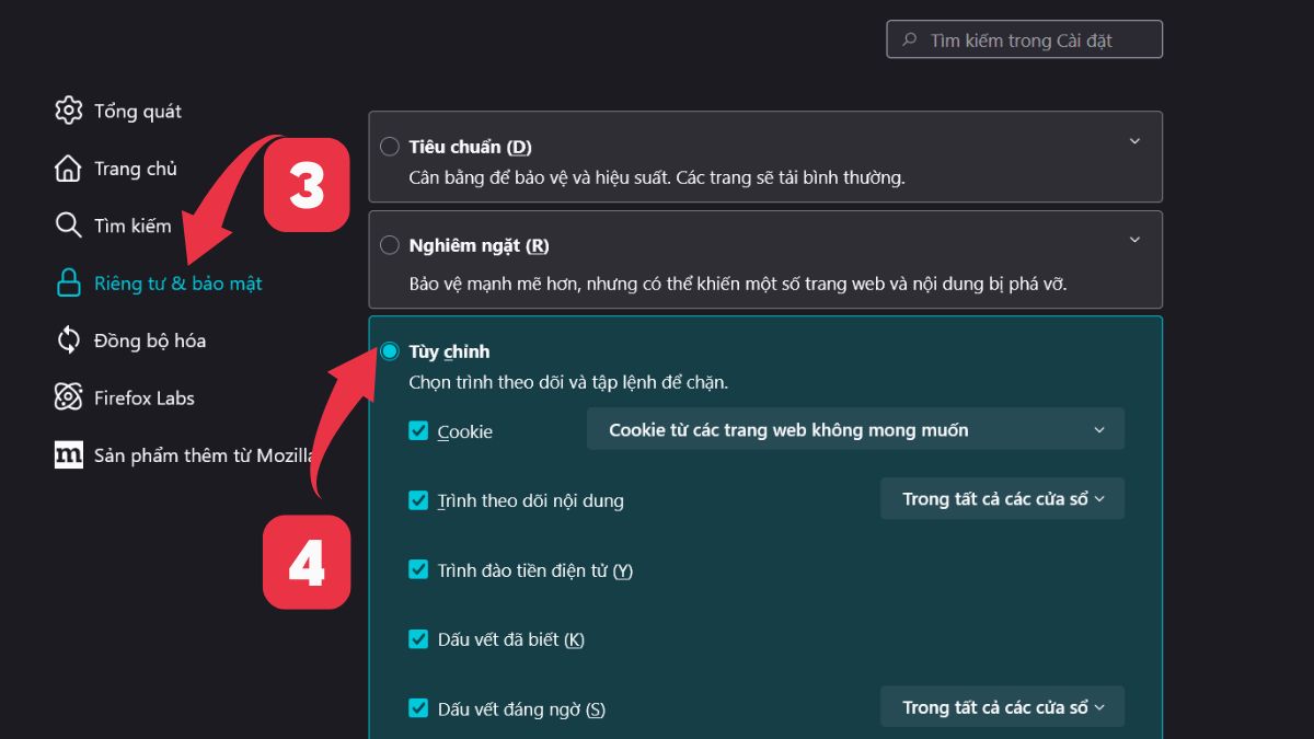 Cách bật Cookie trên trình duyệt Firefox bước 2