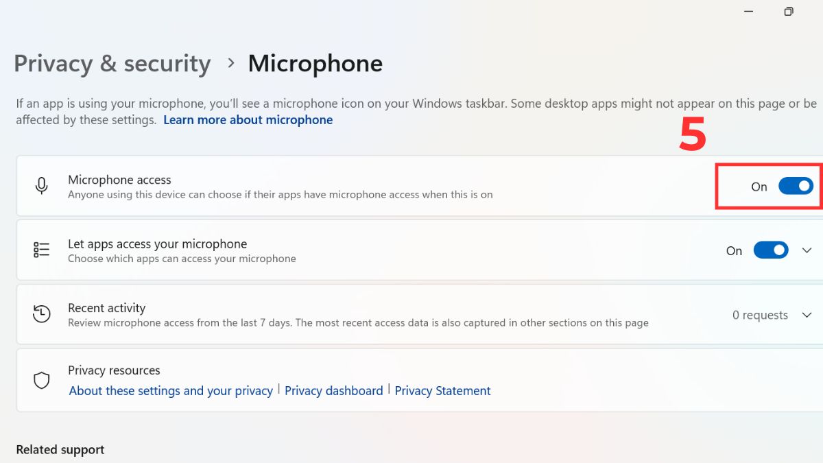 Bật quyền truy cập Micro trên máy tính Windows bước 4