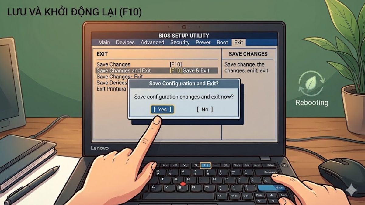 Lưu cấu hình và khởi động lại laptop