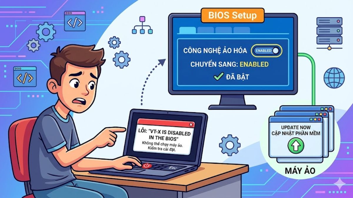 Lỗi VT-x is disabled in the BIOS khi chạy máy ảo