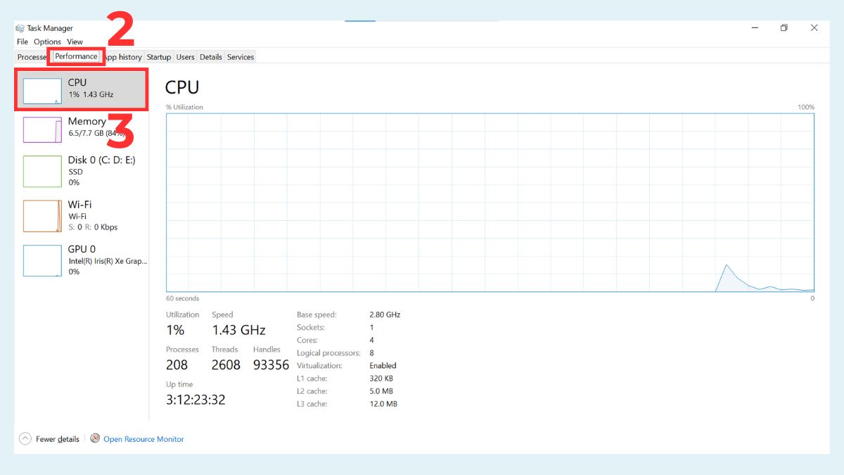 Cách kiểm tra qua Task Manager trên Windows bước 2