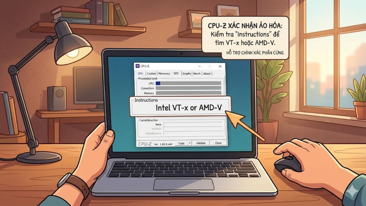 Dùng phần mềm CPU-Z để xác nhận hỗ trợ Virtualization