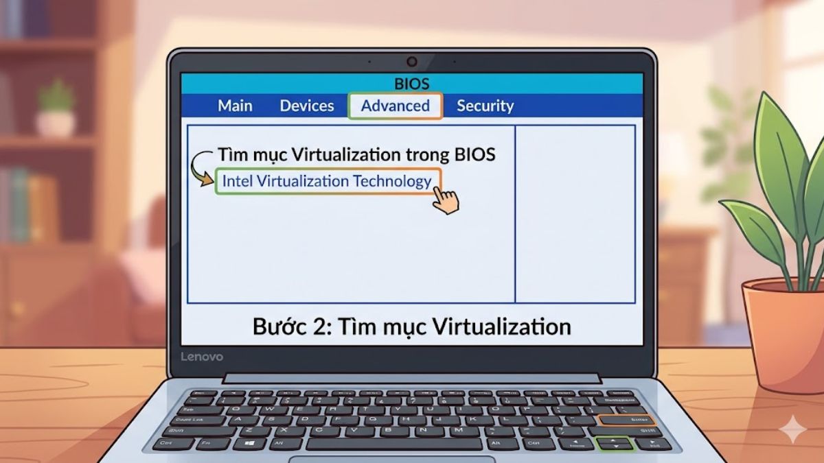 Tìm mục Virtualization trong BIOS