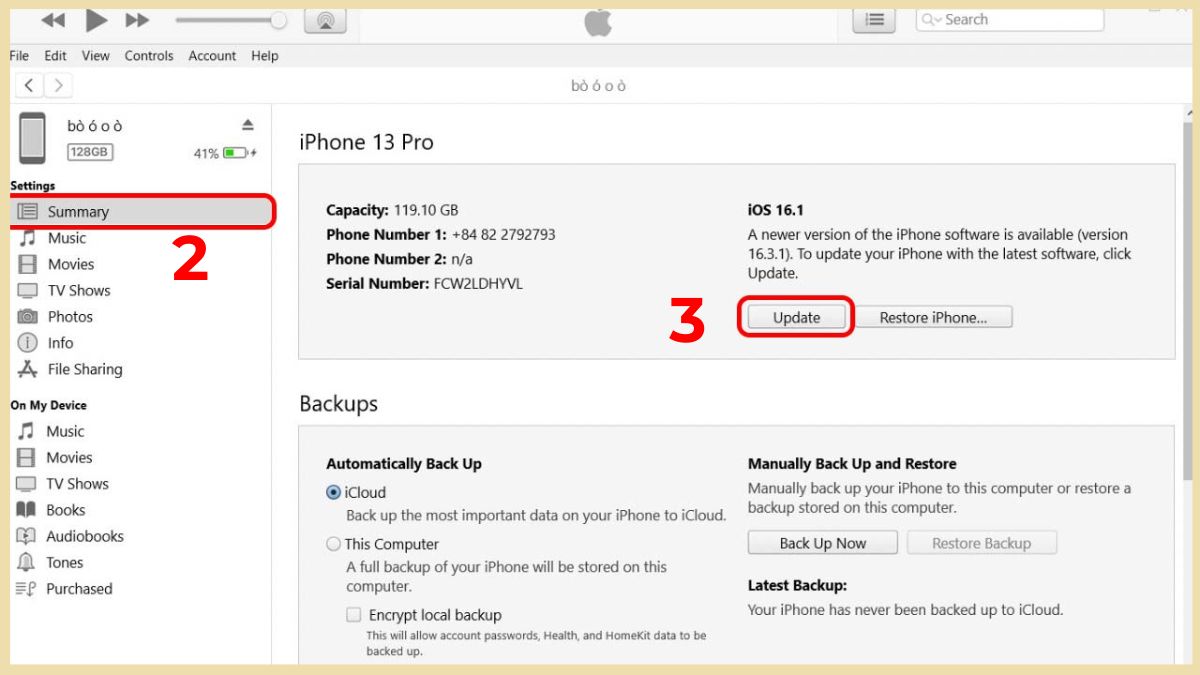 Cách cập nhật iOS bằng iTunes trên máy tính chi tiết bước 3