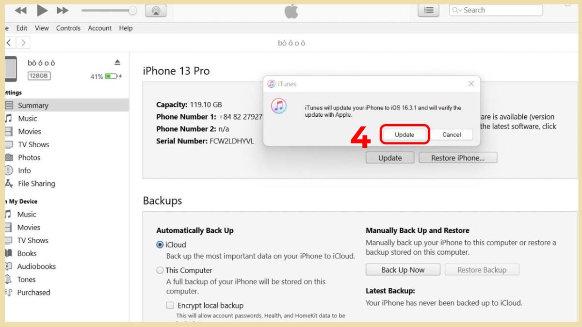Cách cập nhật iOS bằng iTunes trên máy tính chi tiết bước 4