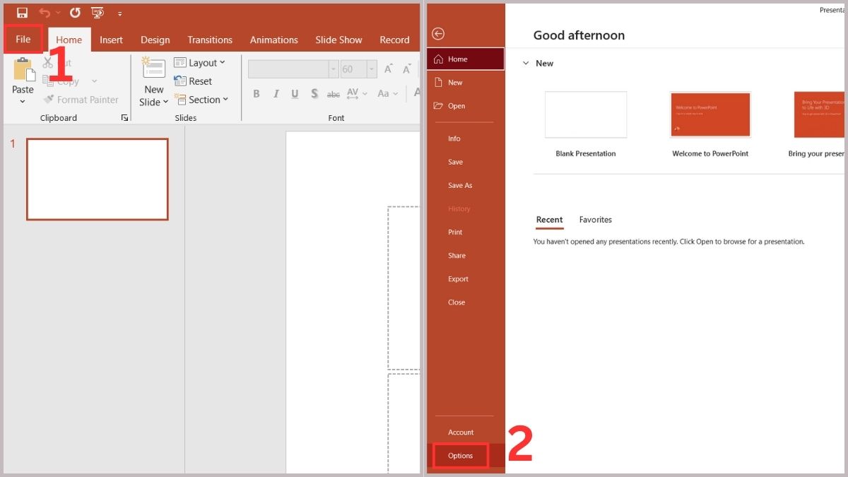 Chọn thẻ File và mục Options trên PowerPoint
