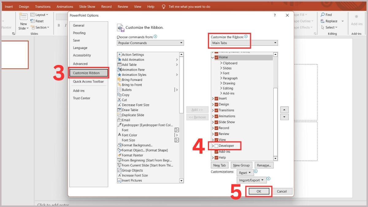Tìm và chọn tick vào mục Developer