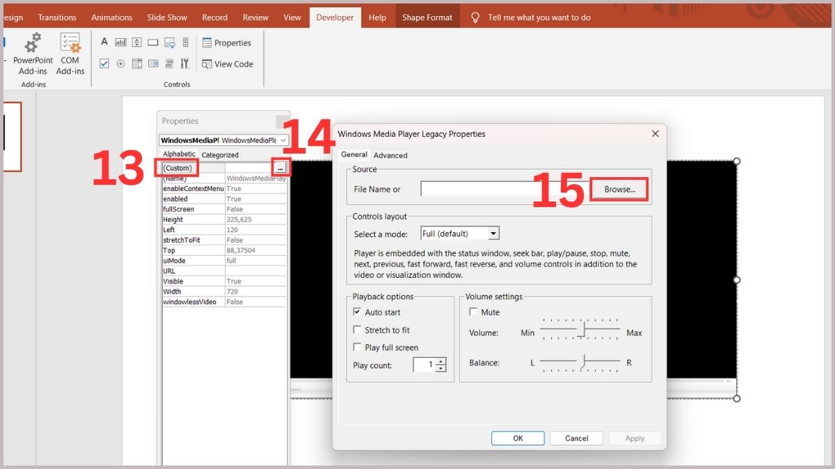 Chọn Custom và tìm chọn chèn video ở mục Browse