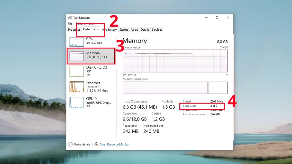 Click vào tab Performance rồi click thẻ Memory