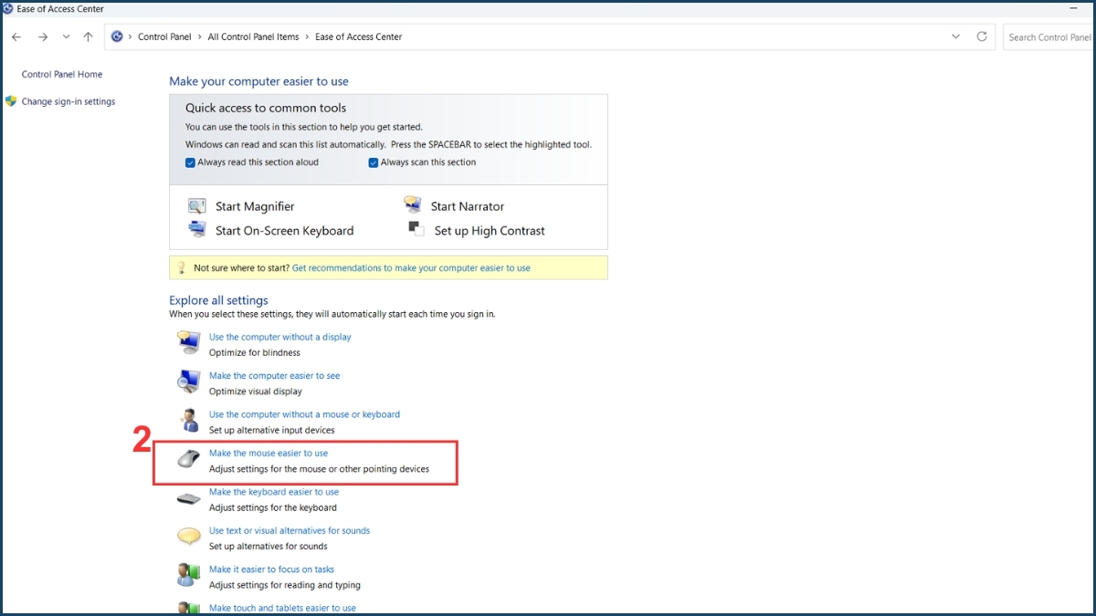 Sử dụng tính năng Mouse Keys bước 2