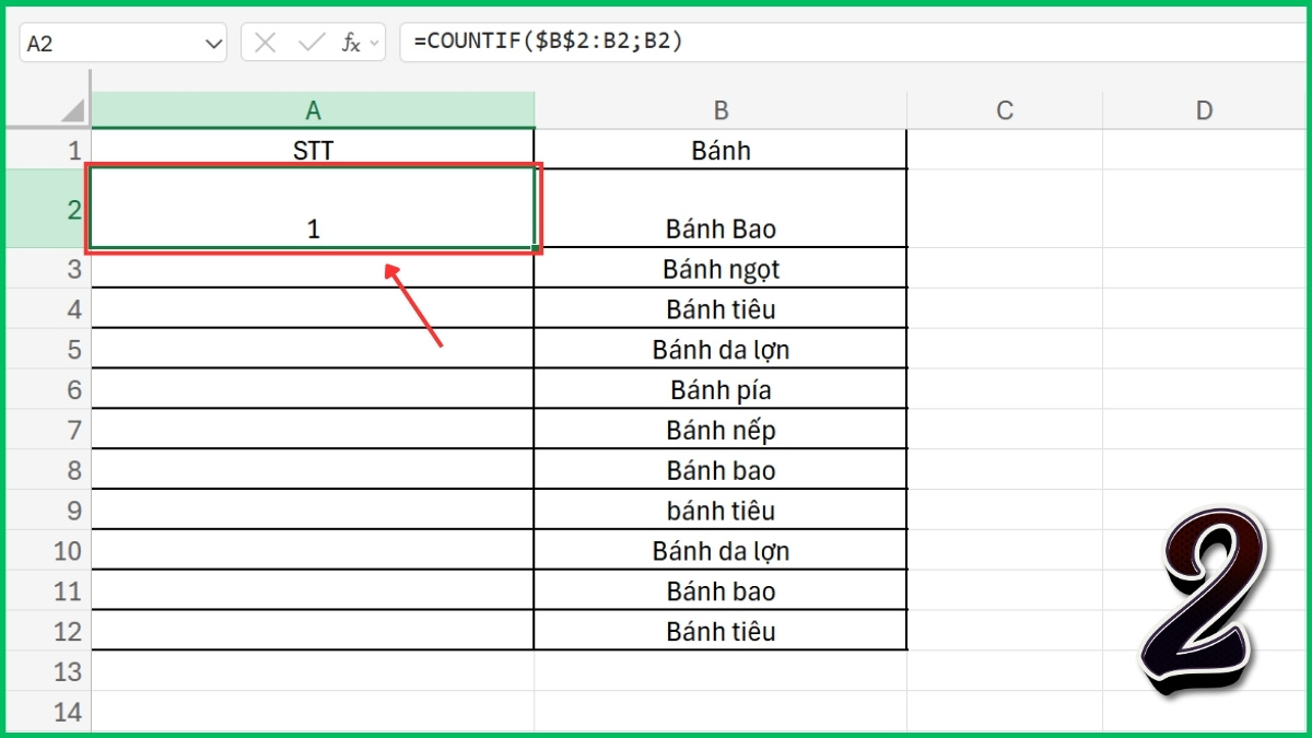 Đánh số thứ tự trong Excel theo nhóm bằng hàm COUNTIF bước 1