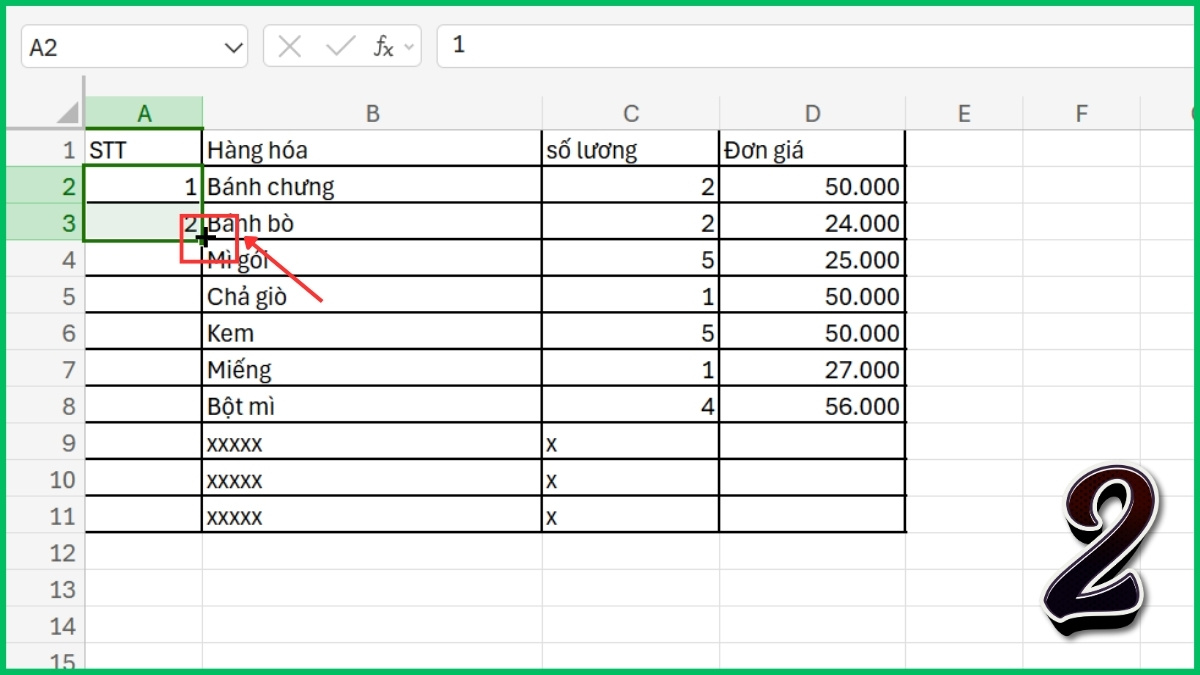 Đánh số thứ tự trong Excel bằng cách kéo chuột bước 1