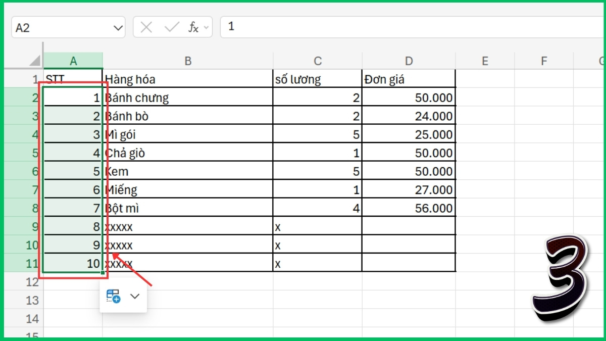 Đánh số thứ tự trong Excel bằng cách kéo chuột bước 2