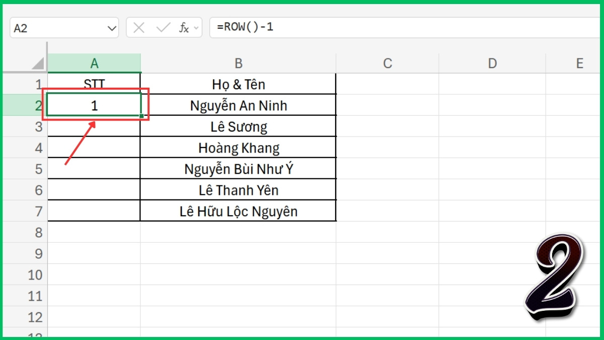Đánh số thứ tự trong Excel bằng hàm ROW () -1 bước 1