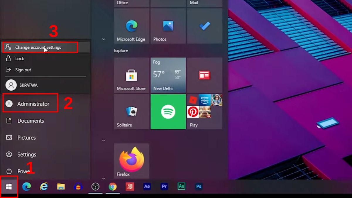 Mở menu Start để bắt đầu cài đặt mật khẩu laptop DELL