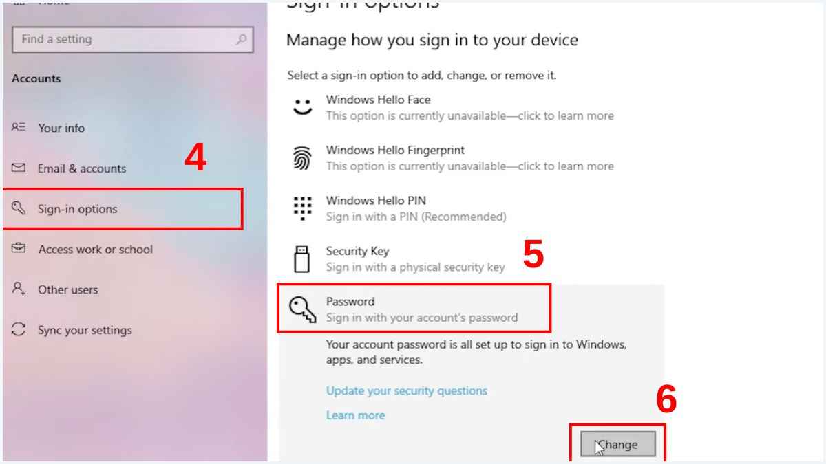 Tùy chọn đăng nhập trong cửa sổ Cài đặt