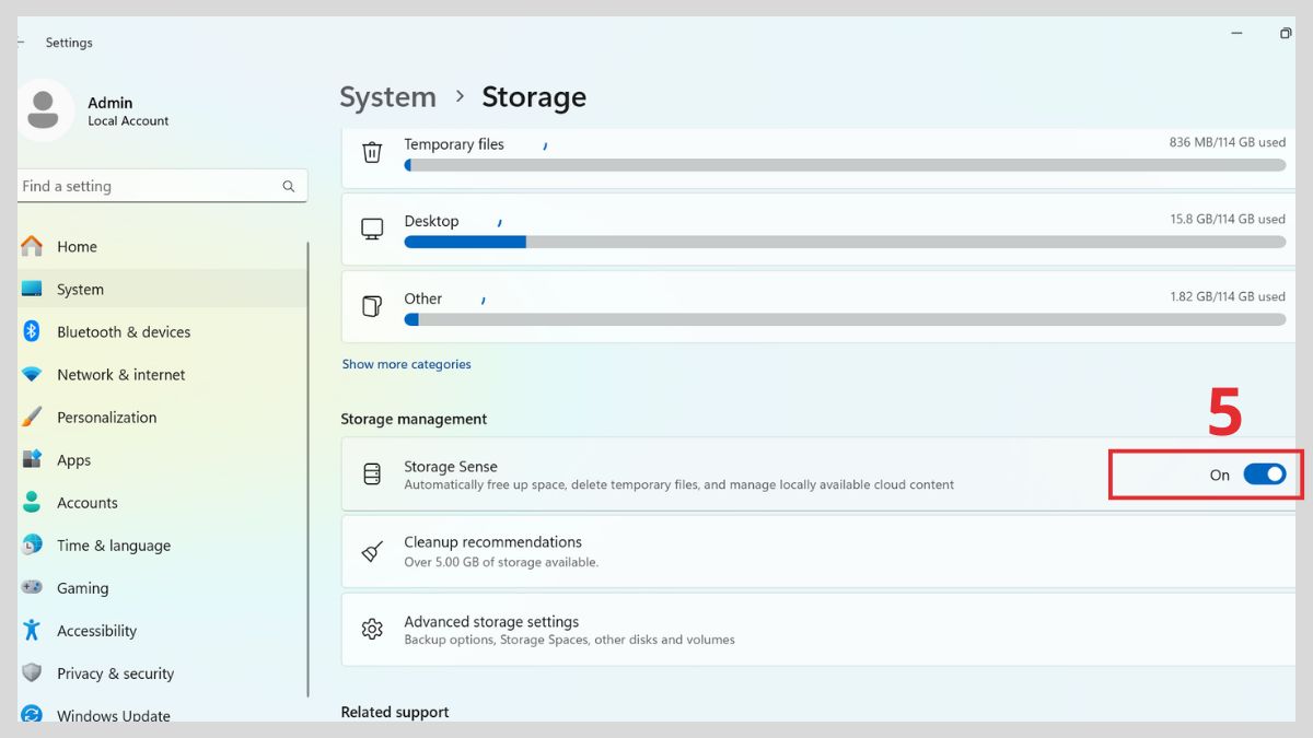 Sử dụng Storage Sense để dọn dẹp hệ thống bước 3