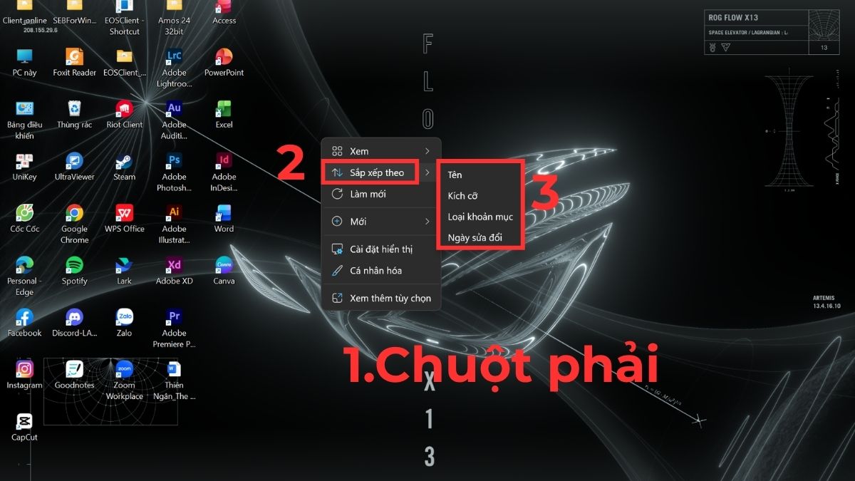 Sắp xếp icon tự động theo hệ thống bước 1