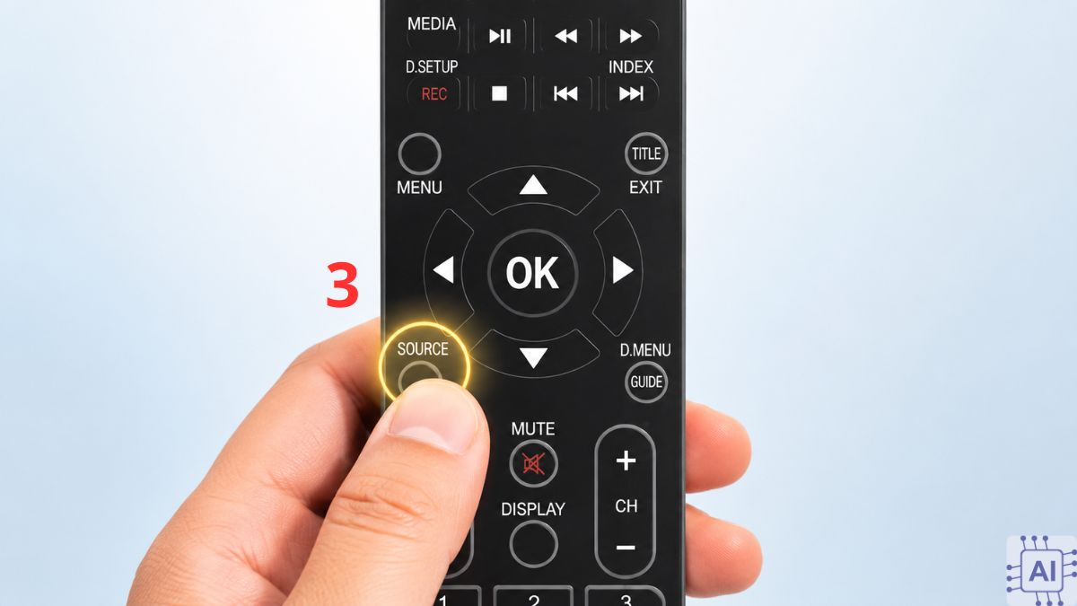 Nhấn phím Source (hoặc Input) trên remote tivi
