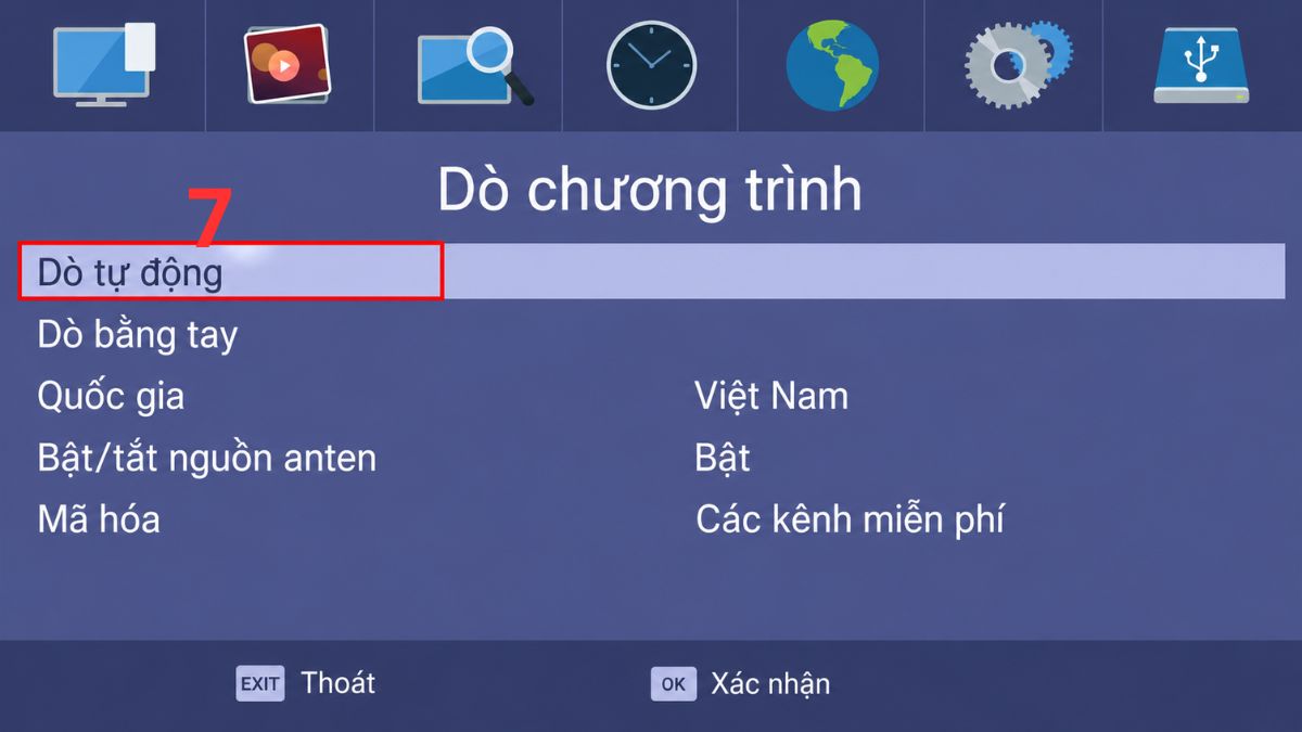 Bấm vào Dò tự động và chờ hệ thống quét kênh