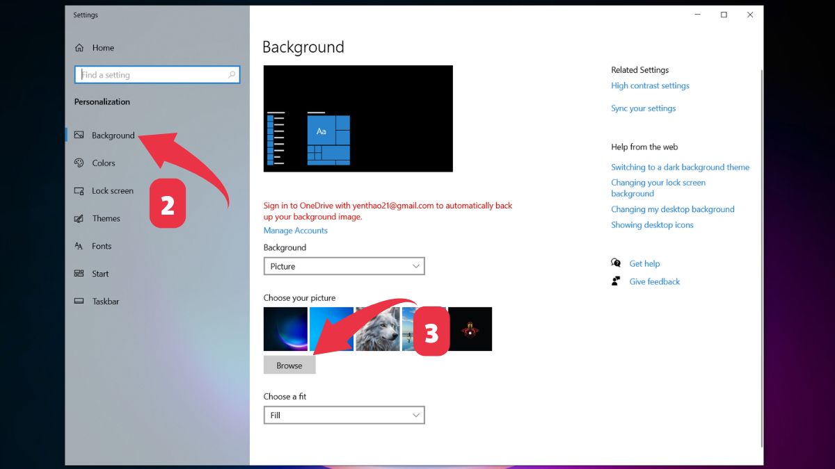 Đổi hình nền máy tính thông qua Settings Win 10 bước 2