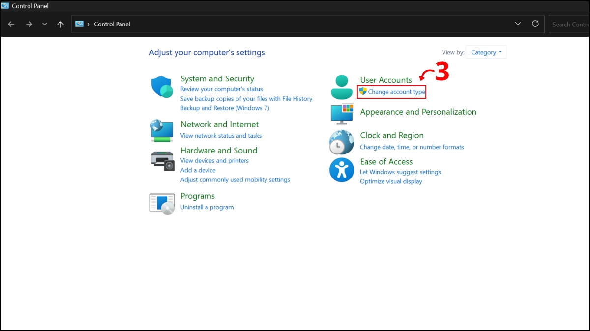 Sử dụng Control Panel để đổi mật khẩu bước 2