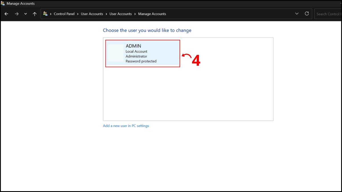 Sử dụng Control Panel để đổi mật khẩu bước 3