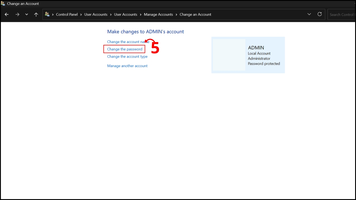 Sử dụng Control Panel để đổi mật khẩu bước 4