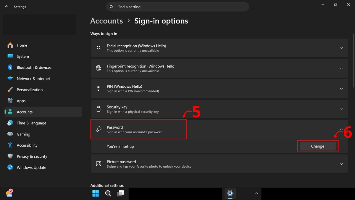 Thay đổi mật khẩu qua Settings Windows 11 bước 4