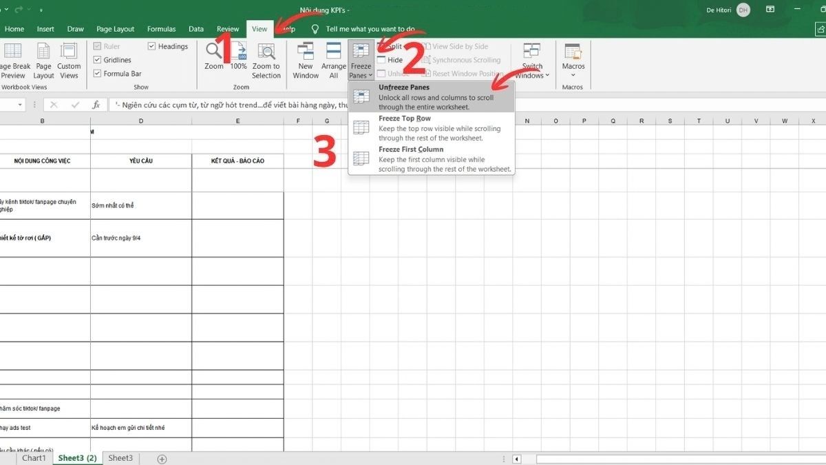 Cách unfreeze panes Excel nhanh chóng