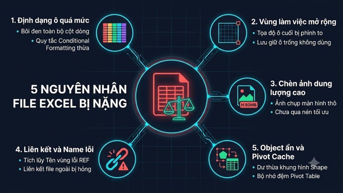 Nguyên nhân khiến file Excel có dung lượng lớn