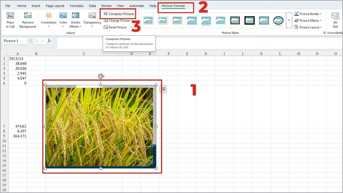Nén toàn bộ ảnh trong Excel để giảm dung lượng bước 1