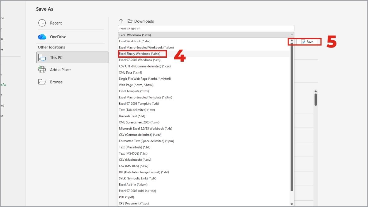 Lưu file Excel dưới dạng nhị phân XLSB bước 2
