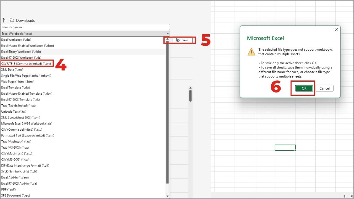 Chuyển file Excel sang định dạng CSV khi không cần tính năng Excel bước 2