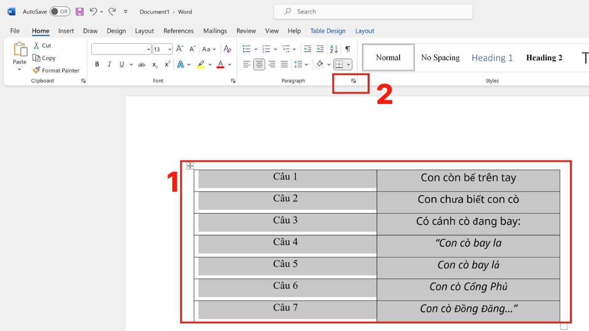 Cách chỉnh giãn dòng trong bảng trong Word bước 1